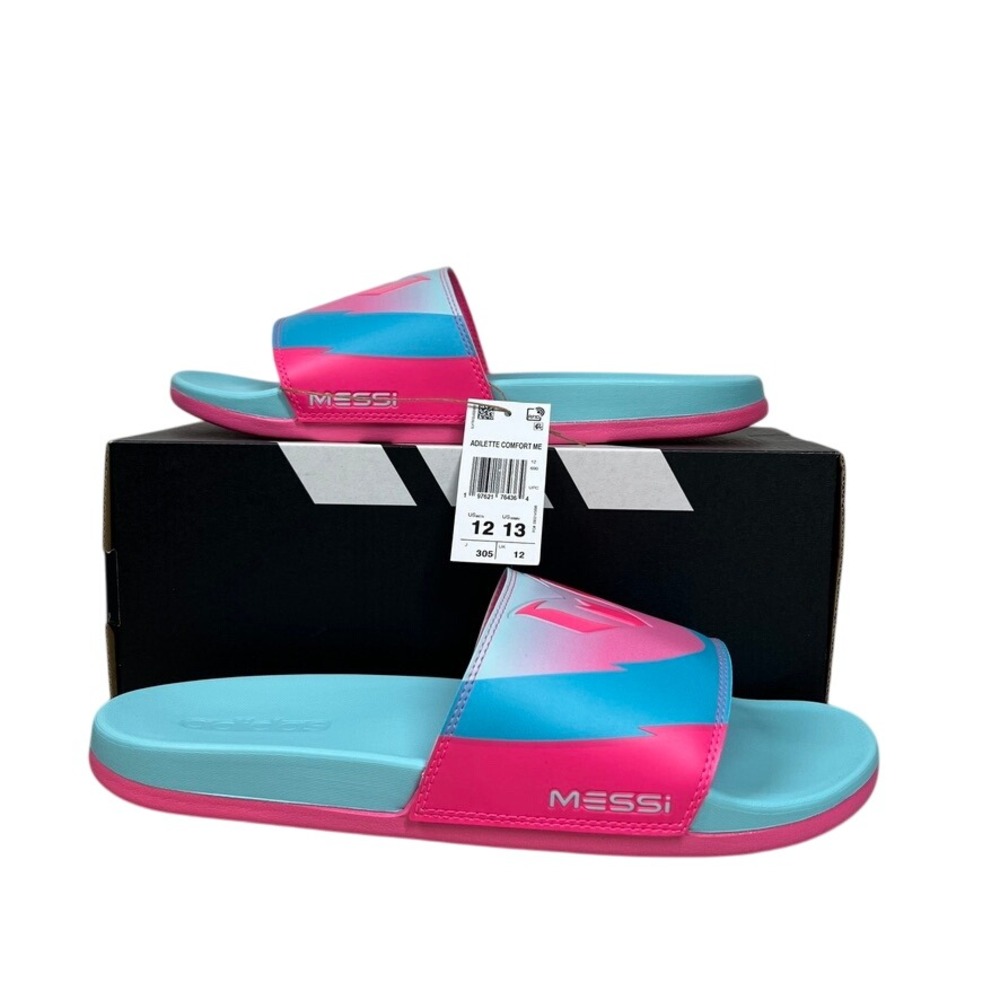 Adidas Messi Slides Men's Size 12 Sandals‎ Pink Blue Adilette Comfort JR6326